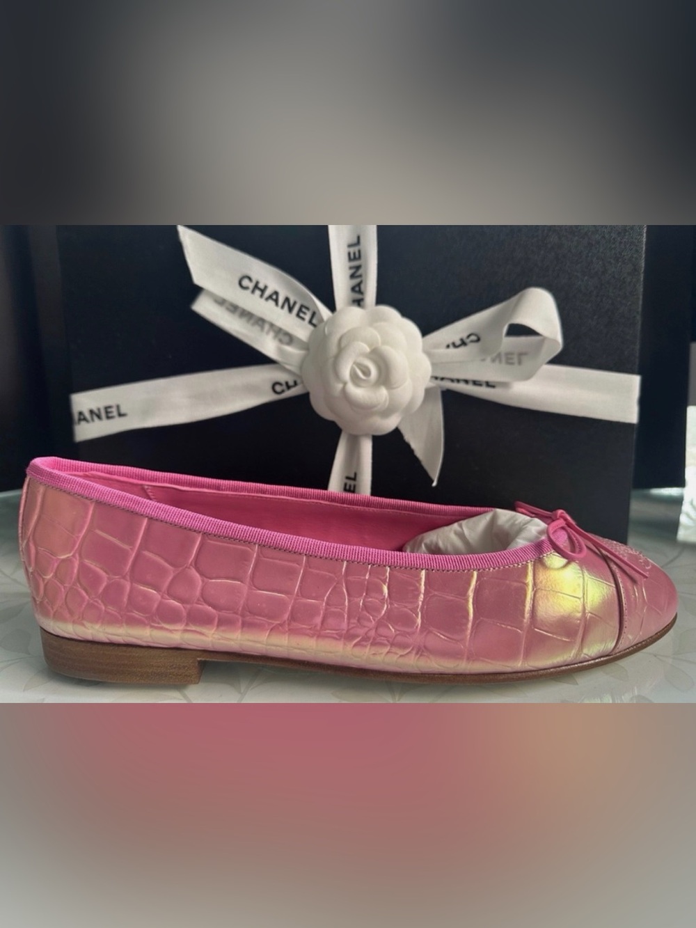 CHANEL Pink Iridescent Ballet Flats with Bow